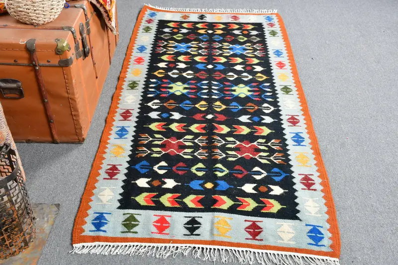 3.2x6.4 ft Turkish Oushak Rug, Black Oriental Vintage Wool Rug - 1