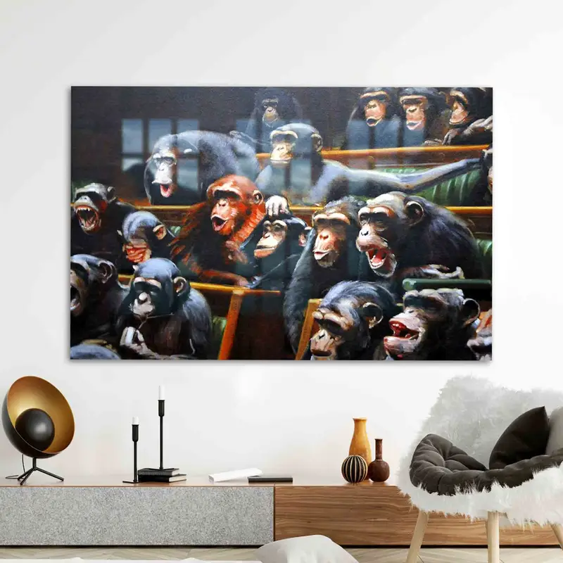 バンクシー作、猿の上院議員を描いたエレガントなプリントガラス