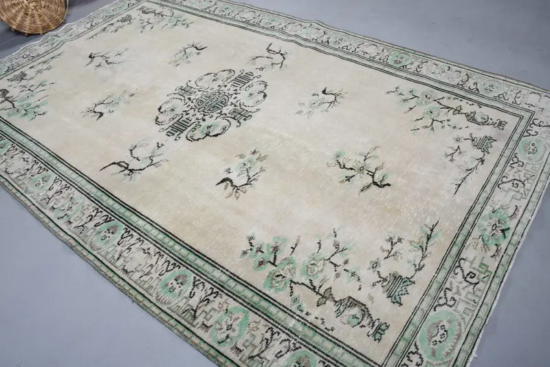 6.46x10 ft Türk Halısı, Vintage Büyük Halı, Beyaz Patchwork Yün Halı - 1