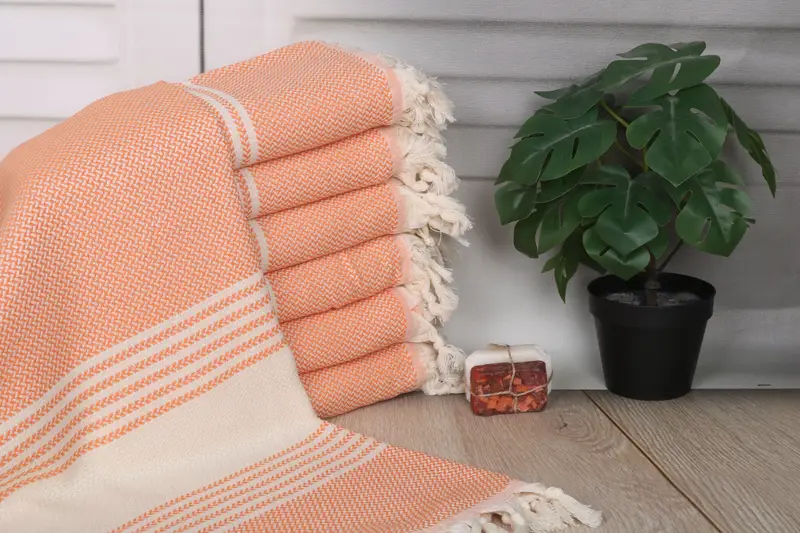 Striped Orange Turkish Cotton Towel, 40x71 Inches