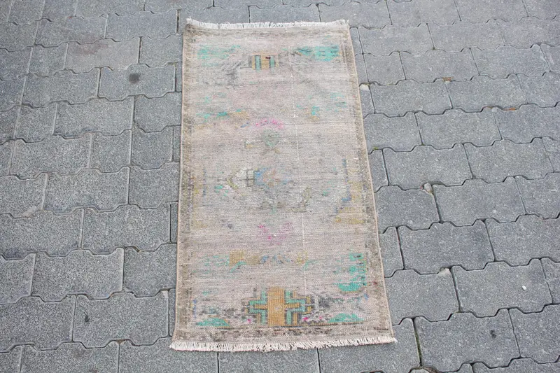 Vintage 1.5x3 ft Halı, Oushak Türk Halısı, Gri Puantiyeli Halı Yün - 1
