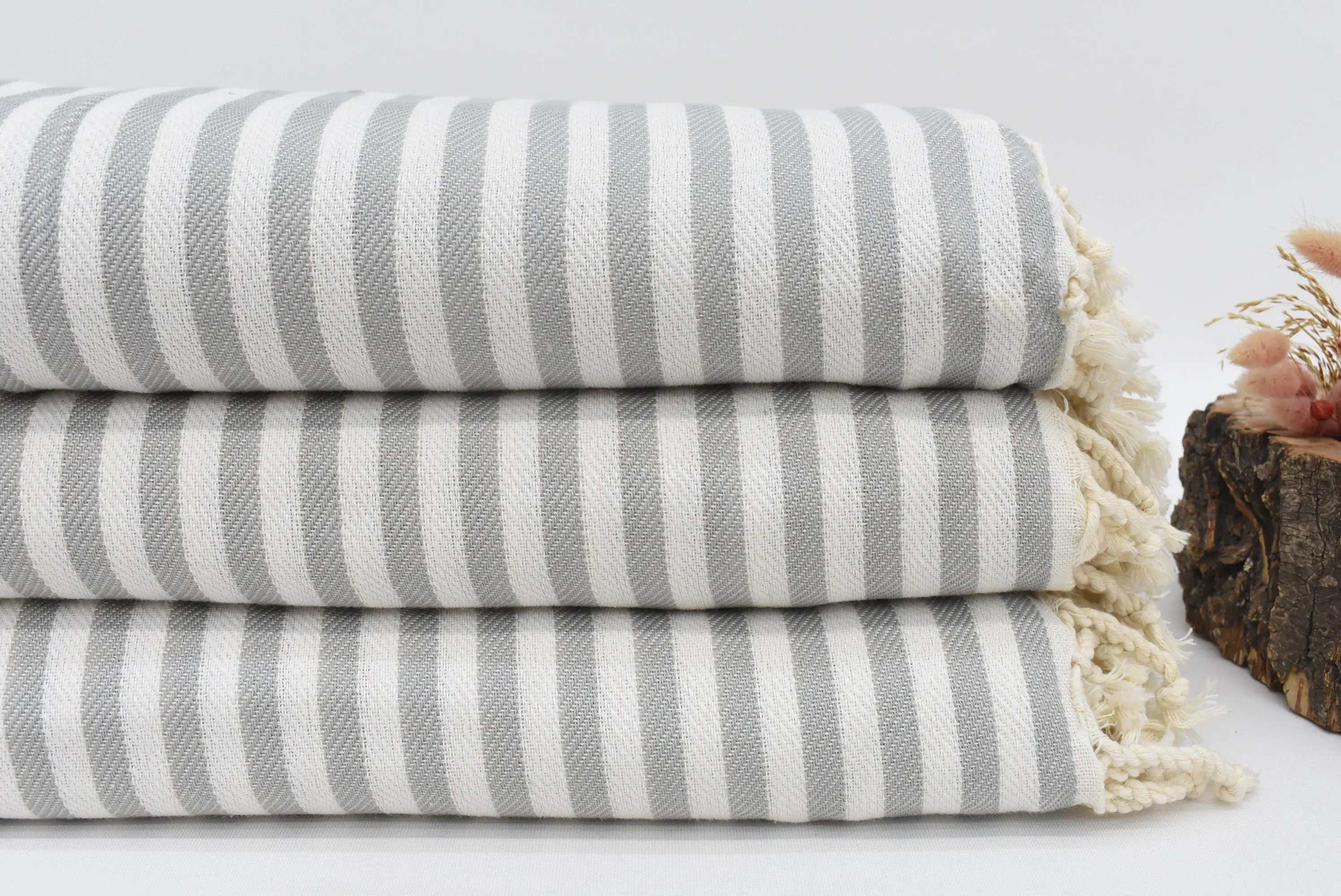 Turkish Light Gray Striped Throw, 103x75 Inches, Organic Cotton Blanket - 1