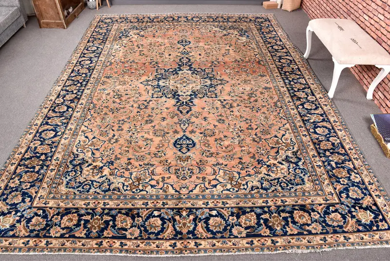 Turuncu ve Mavi Halı, 9,1x12,5 ft Geometrik Çiçek Desenli