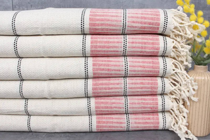 Dish Towel Organic Cotton Red and Beige Striped, 20x40 Inches