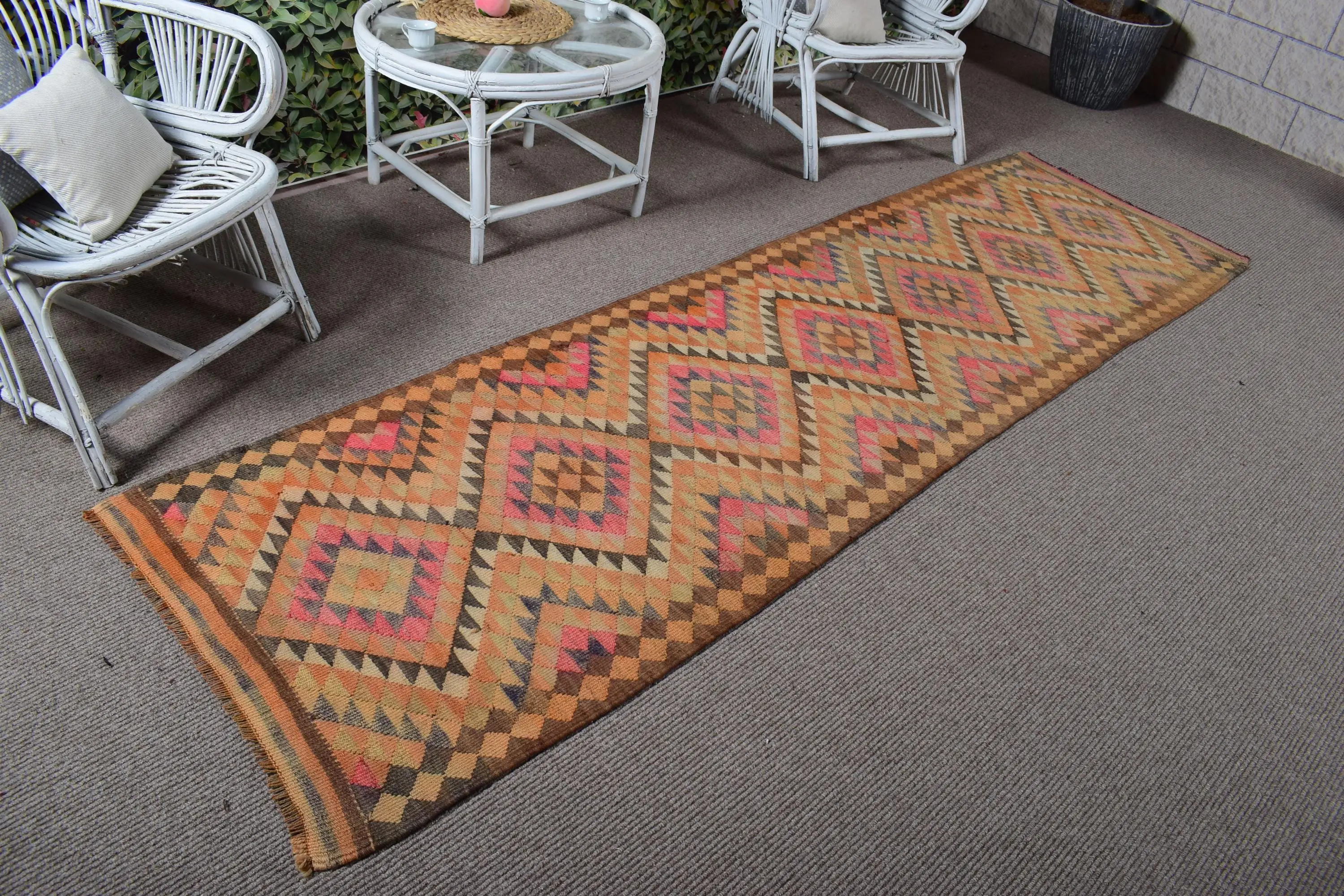Turkish Rug, 2.7x9.2 ft Vintage Rug, Orange Southwestern Wool Rug - 1