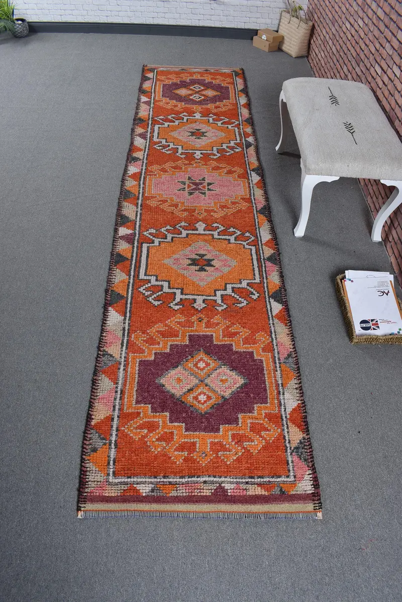 Vintage Halı, Yolluk 2.6x11.4 ft Türk Halısı, Turuncu Fas Yün Halısı - 1