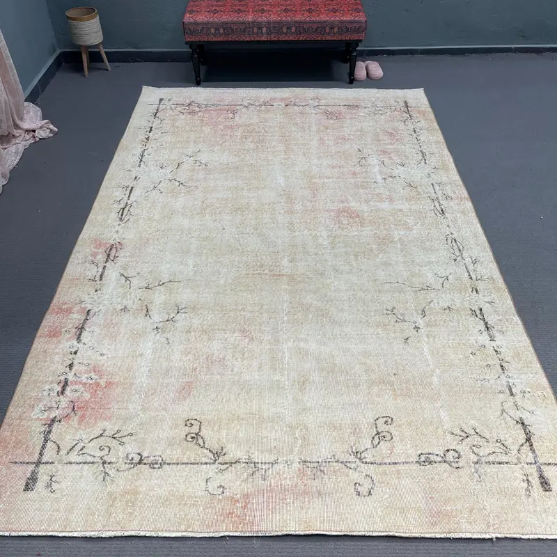 6.5x10.1 ft Vintage Turkish Rug, Large Rug, White Red Oriental Wool Rug - 1