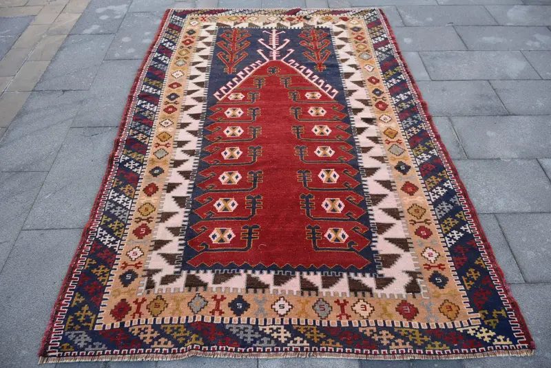 Turkish Rug, 4.8x7.4 ft Area Rug, Red Camouflage Wool Vintage Rug - 1