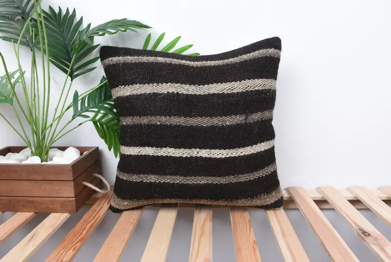 Pattern Throw Pillow Cover, Handmade Kilim Cushion, Interior Designer Pillow, 18x18 Brown Cushion, Pillow Cover, Kilim Cushion Sham - 1