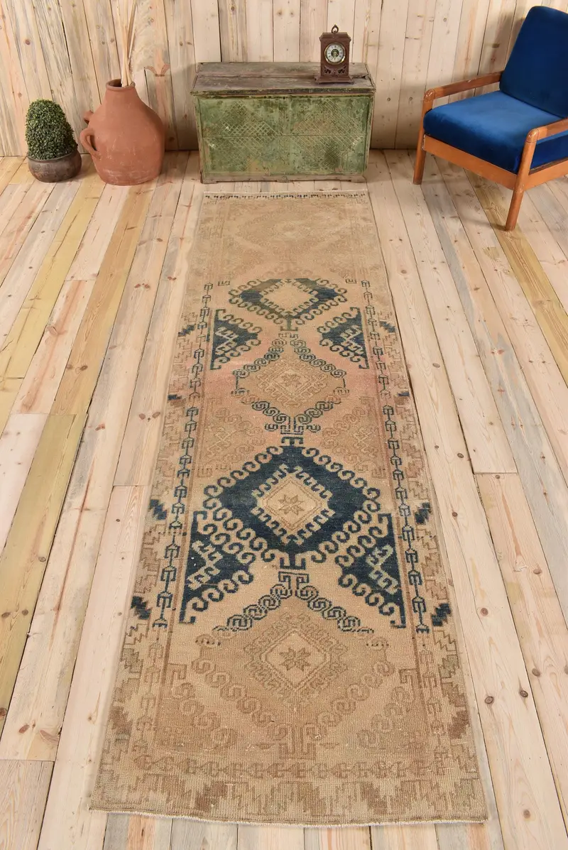 Zarif Bej ve Mavi Halı, 2,9x9,7 ft Çiçek ve Geometrik