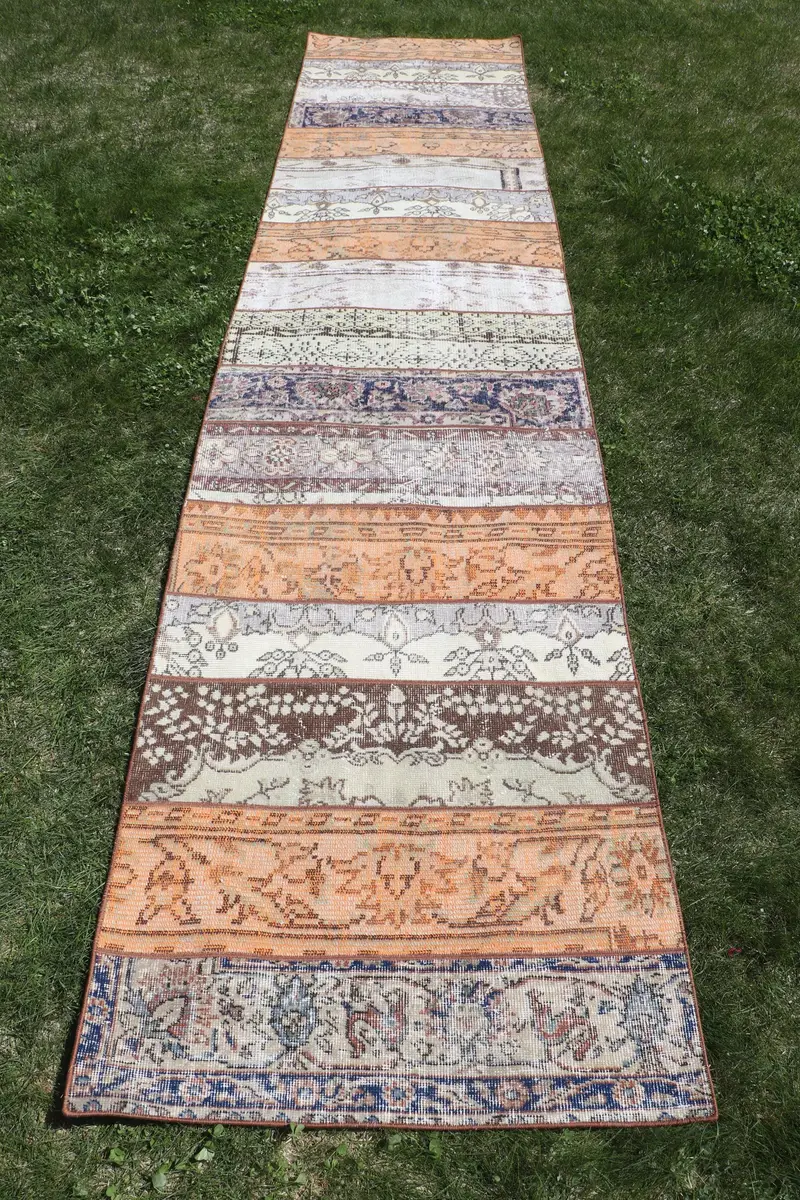 Orange & Beige Patchwork Rug, 2,8x12,9 ft Chic Decor