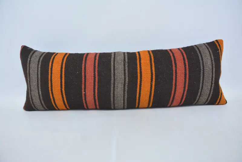 Almohada de tiro a rayas hecha a mano, almohada vintage 12x36 marrón y naranja