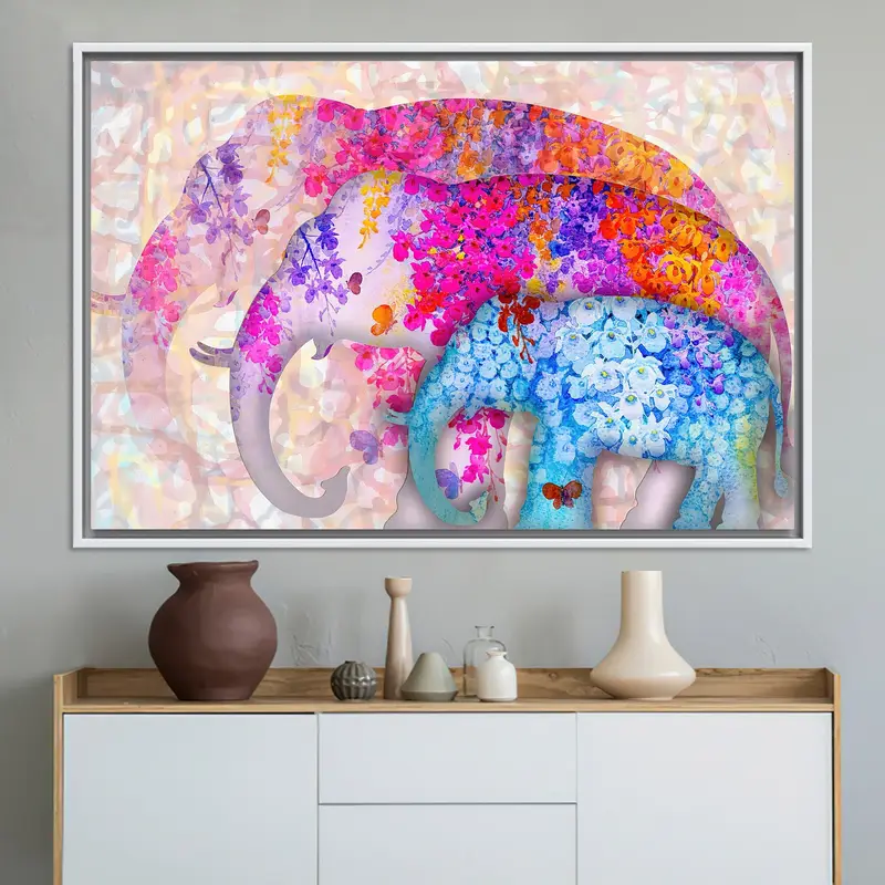 モダンなカラフルな象の花柄キャンバス - 鮮やかなプリントアート