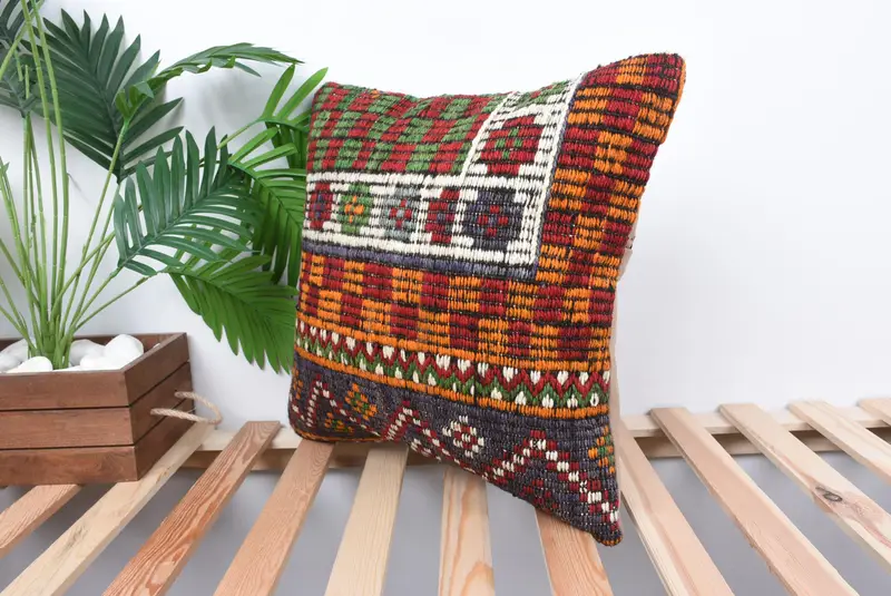 Kilim Cushion Sham, Handmade Kilim Cushion, 18x18 Orange Pillow Sham, Art Deco Pillow Case, Throw Kilim Pillow, Pillow, Ethnic Cushion Cover - 5