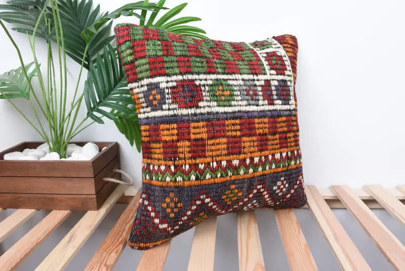 Kilim Cushion Sham, Handmade Kilim Cushion, 18x18 Orange Pillow Sham, Art Deco Pillow Case, Throw Kilim Pillow, Pillow, Ethnic Cushion Cover - 4