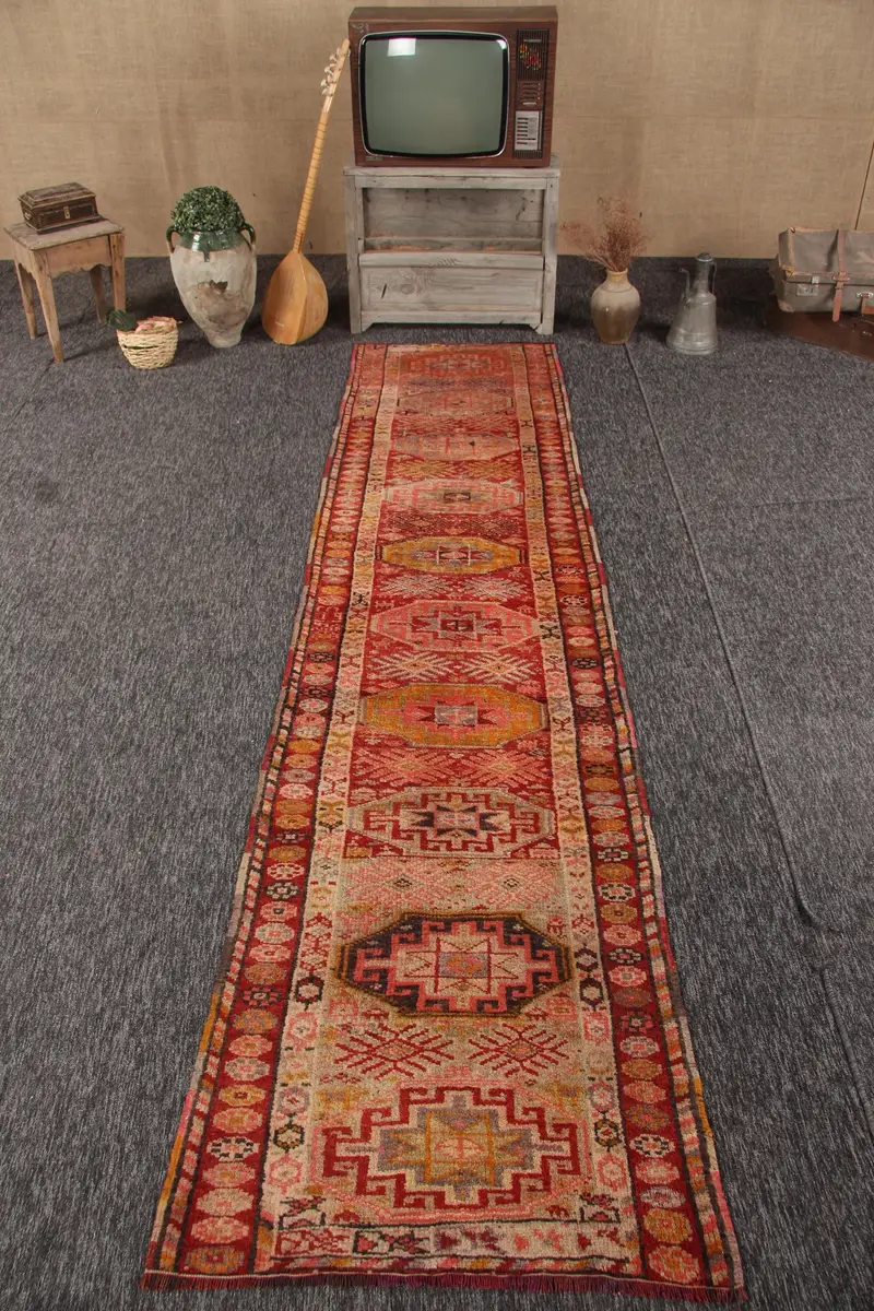 Vintage Turkish Rug, 2.9x10.8 ft Herki Rug, Red Runner Striped Rug - 1