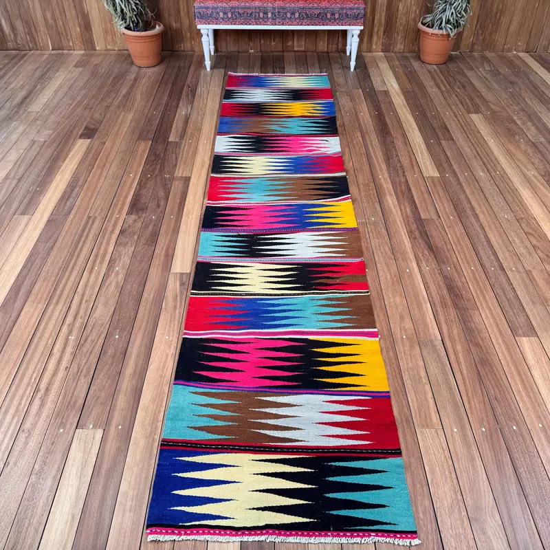 Turkish Rug, 2.5x11 ft Runner Rug, Red Blue Oushak Wool Rug - 1