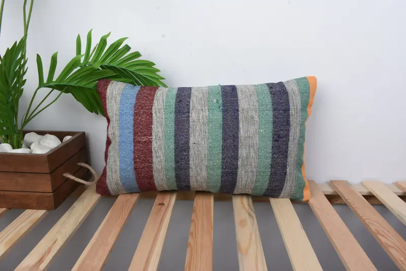 Kilim Cushion Sham, Handmade Kilim Cushion, Authentic Cushion, 12x20 Blue Pillow Cover, Vintage Kilim Throw Pillow, Pillow Sham - 1