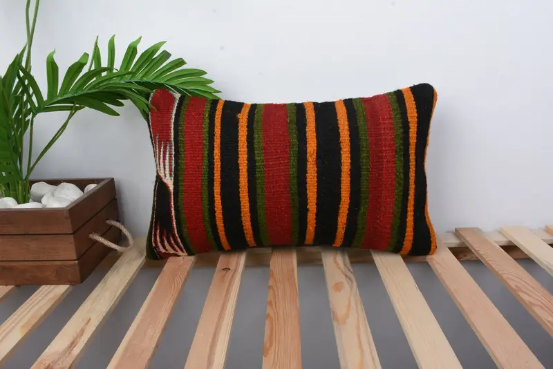 Ethnical Kilim Rug Pillow, 12x20 Red Cushion, Gift Pillow, Bench Pillow Case, Bed Pillow, Cushion Cover, Bed Pillow Case, Interior Designer Pillow - 1