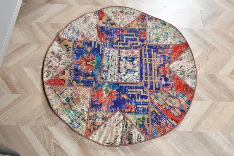Oushak Vintage Rug, 3.3x3.4 ft Turkish Rug, Blue Animal Print Wool Rug - 1