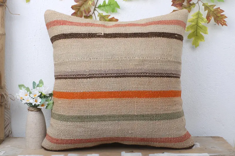 Ethnical Kilim Rug Pillow, Pillow Cover, Handwoven Pillow Sham, Handmade Kilim Cushion, Home Decor Pillow, 20x20 Beige Pillow Cover - 2