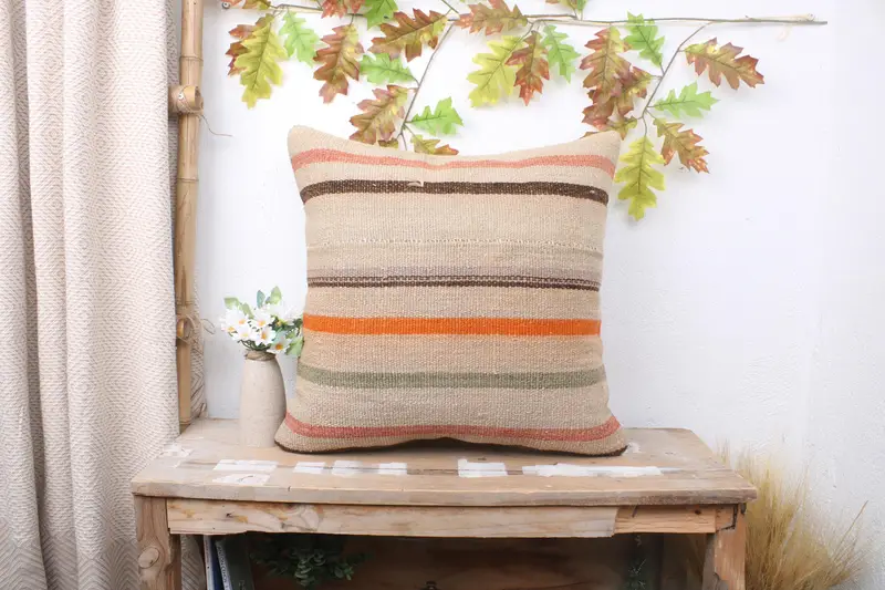 Ethnical Kilim Rug Pillow, Pillow Cover, Handwoven Pillow Sham, Handmade Kilim Cushion, Home Decor Pillow, 20x20 Beige Pillow Cover - 1