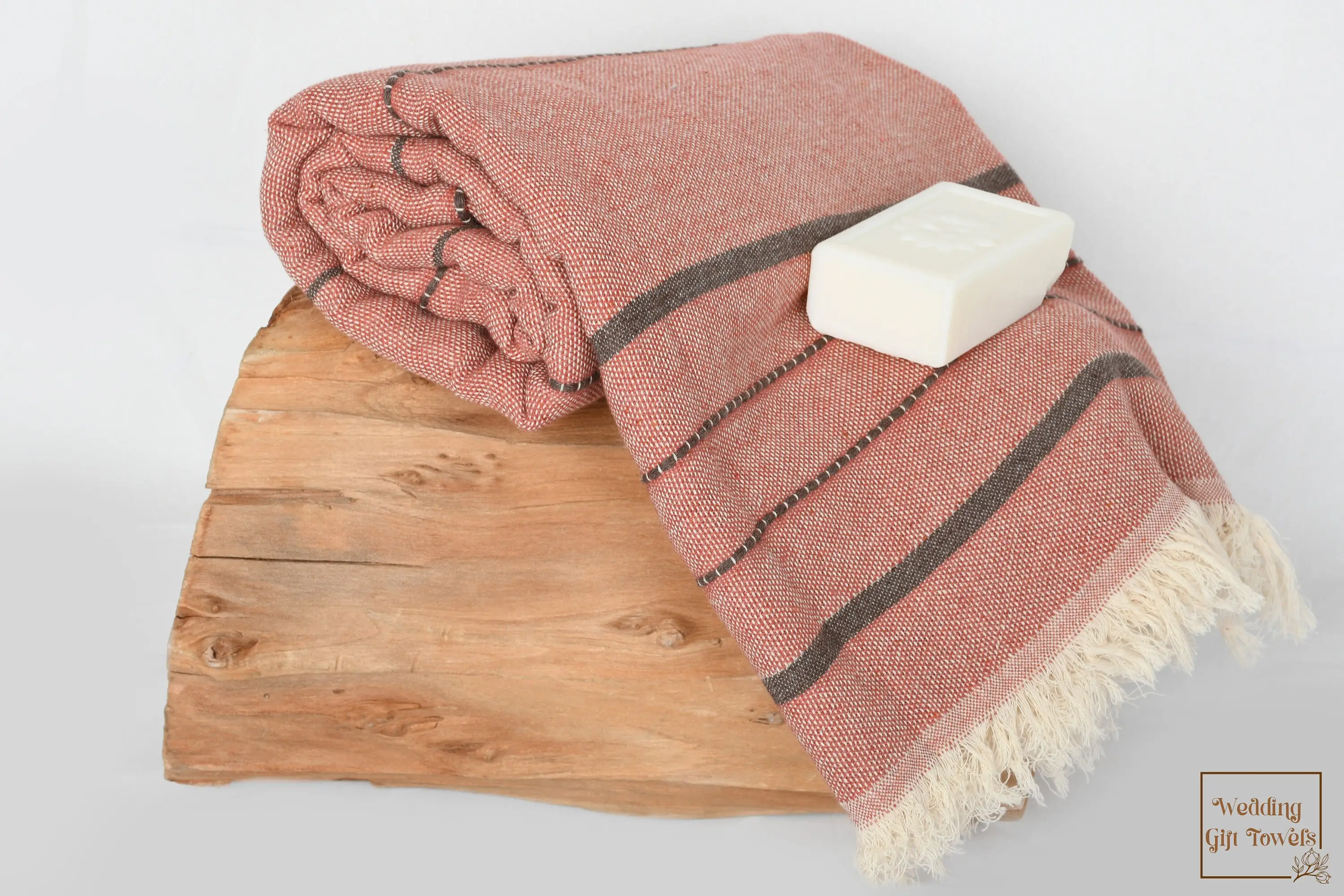 Custom Wedding Gift Handmade Striped Cotton Towel, Beige, 40x71 Inches - 1