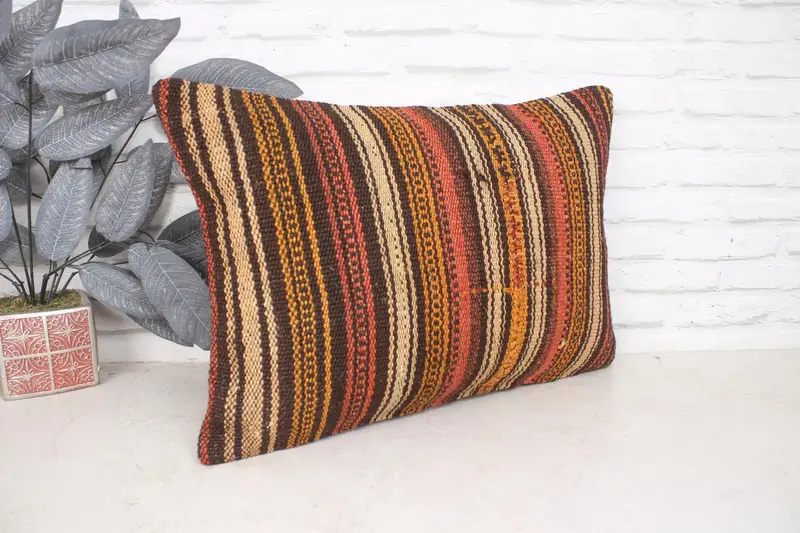Crochet Pattern Pillow Case, Handmade Cushion Cover, Ethnical Kilim Rug Pillow, Gift Pillow, 16x24 Orange Pillow Cover, Vintage Pillow, Pillow Case - 3