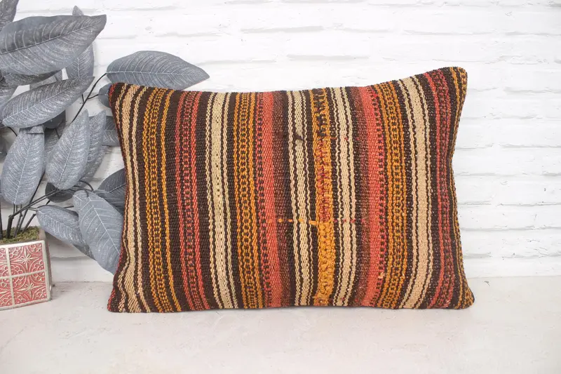 Crochet Pattern Pillow Case, Handmade Cushion Cover, Ethnical Kilim Rug Pillow, Gift Pillow, 16x24 Orange Pillow Cover, Vintage Pillow, Pillow Case - 1