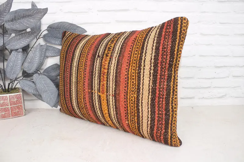 Crochet Pattern Pillow Case, Handmade Cushion Cover, Ethnical Kilim Rug Pillow, Gift Pillow, 16x24 Orange Pillow Cover, Vintage Pillow, Pillow Case - 4
