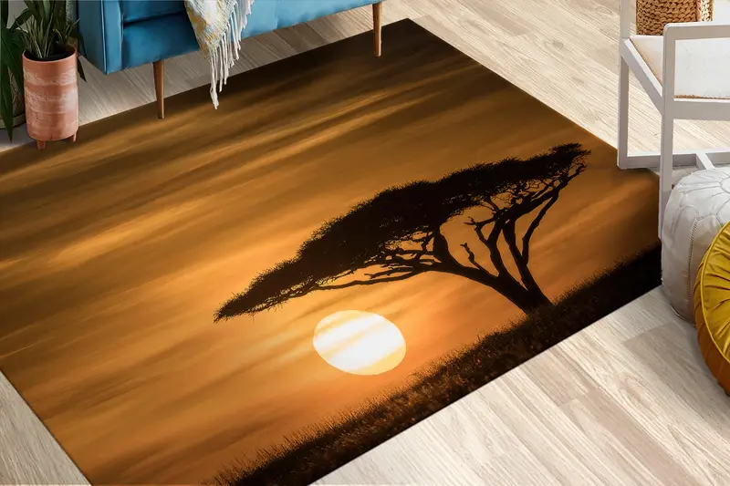 Serengeti Sunrise Bedruckter Teppich: Akazienbaum, Tansania-Landschaft