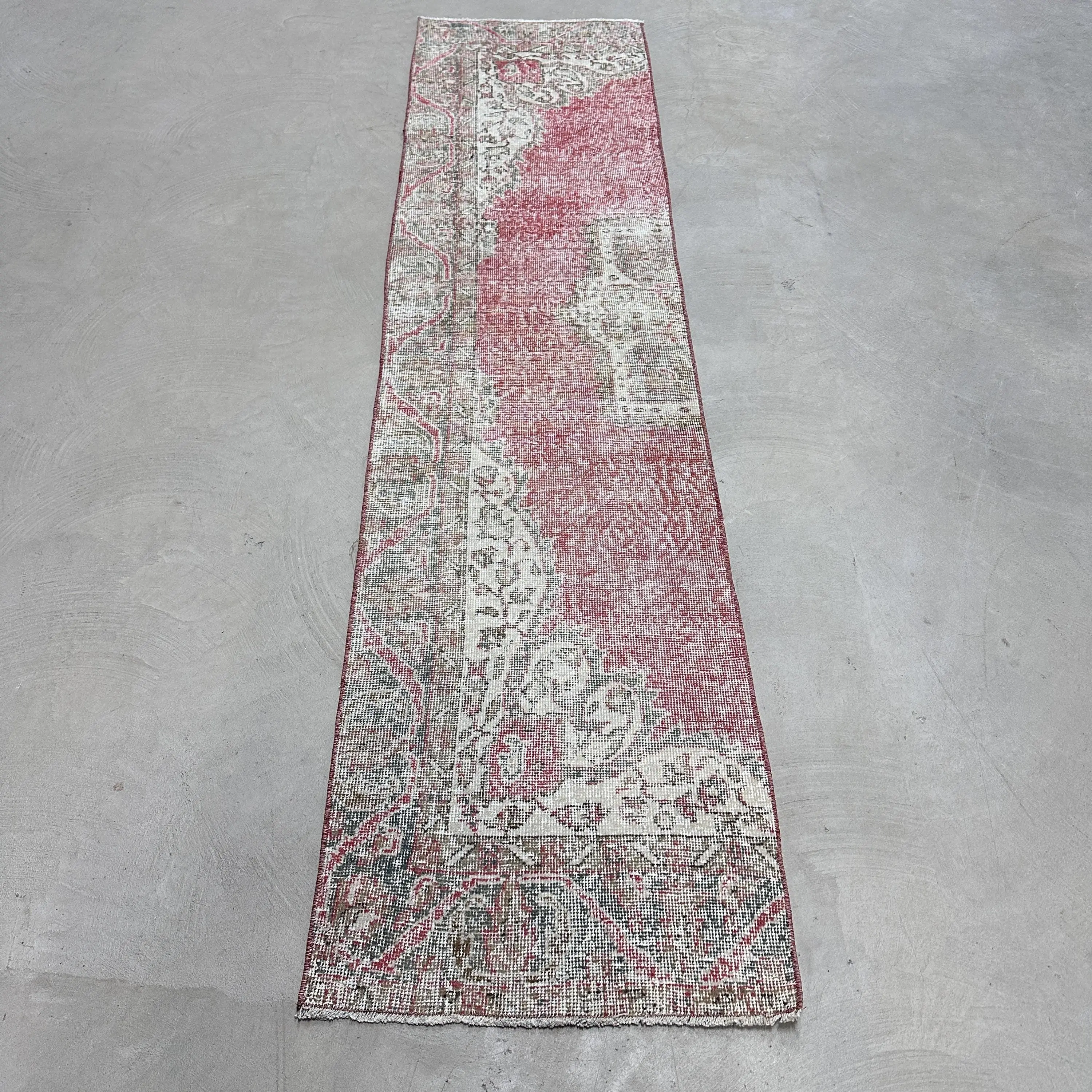 1.9x8.2 ft Turkish Runner Rug, Red White Vintage Oriental Wool Rug - 1