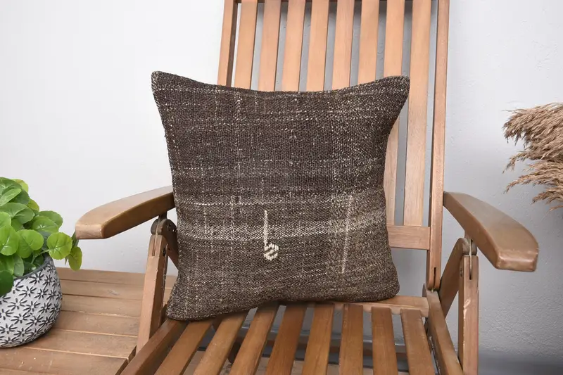 Vintage Kilim Throw Pillow, Ethnic Cushion, 18x18 Brown Pillow Case, Turkish Pillow, Pillow Cover, Interior Designer Pillow - 1