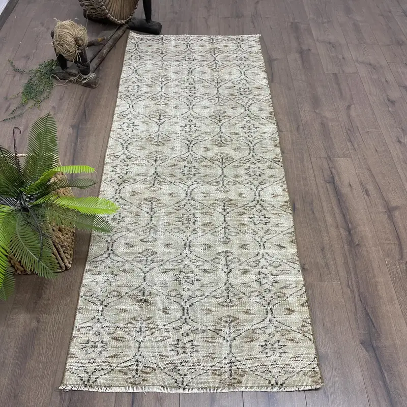 Vintage Rug, 2.6x6.6 ft Turkish Rug, Gray Brown Southwestern Wool Rug - 1