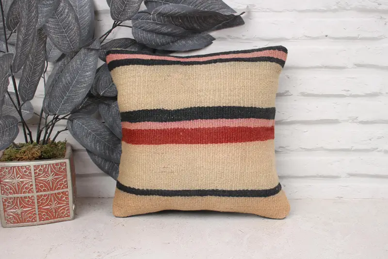 Kilim Pillow, Pillow Cover, Accent Pillow Sham, Boho Throw Pillow Cover, Turkish Kilim Pillow, Kilim Cushion Sham, 12x12 Beige Cushion Case - 1