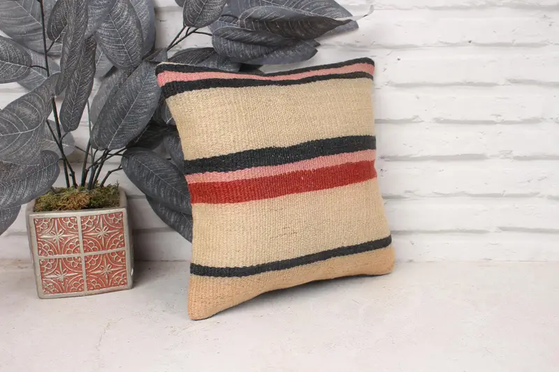 Kilim Pillow, Pillow Cover, Accent Pillow Sham, Boho Throw Pillow Cover, Turkish Kilim Pillow, Kilim Cushion Sham, 12x12 Beige Cushion Case - 3