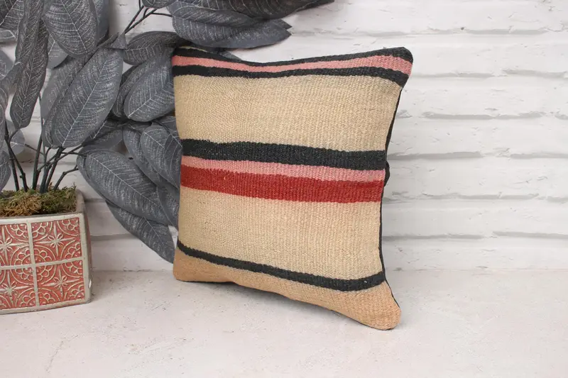 Kilim Pillow, Pillow Cover, Accent Pillow Sham, Boho Throw Pillow Cover, Turkish Kilim Pillow, Kilim Cushion Sham, 12x12 Beige Cushion Case - 4