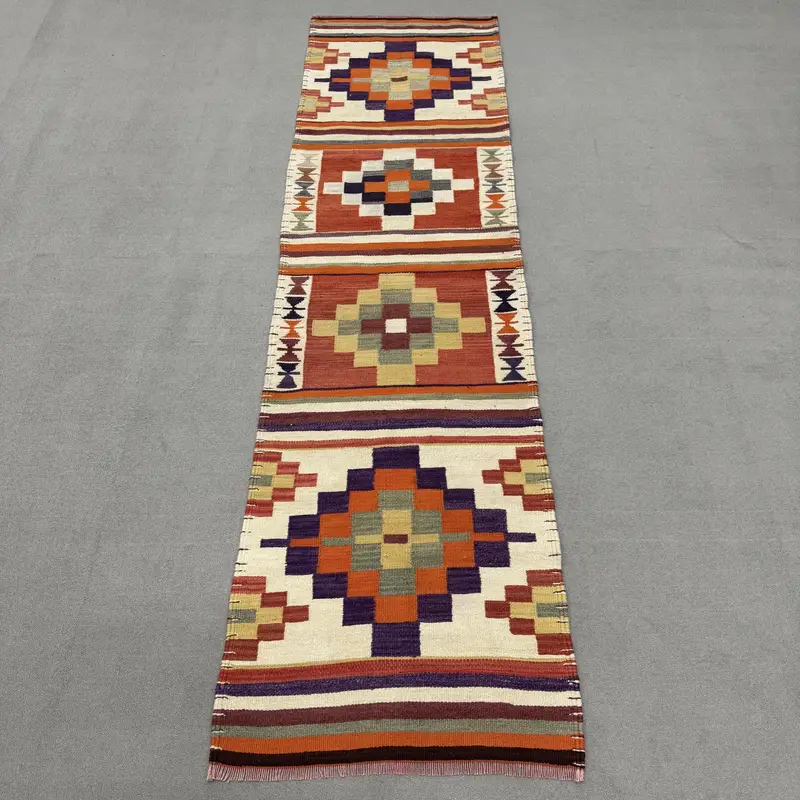 2.6x9.5 ft Türk Yolluk Halısı, Kırmızı Mor Vintage Kamuflaj Yün Halı - 1