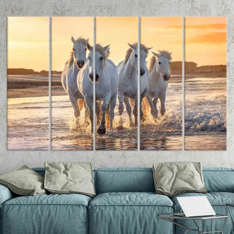 Decoración costera, caballos en la playa, cartel de caballos corriendo, regalo de amantes de los caballos, lienzo de paisaje marino, decoración del hogar, arte de pared de lona personalizado, - 4