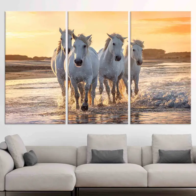 Decoración costera, caballos en la playa, cartel de caballos corriendo, regalo de amantes de los caballos, lienzo de paisaje marino, decoración del hogar, arte de pared de lona personalizado, - 2