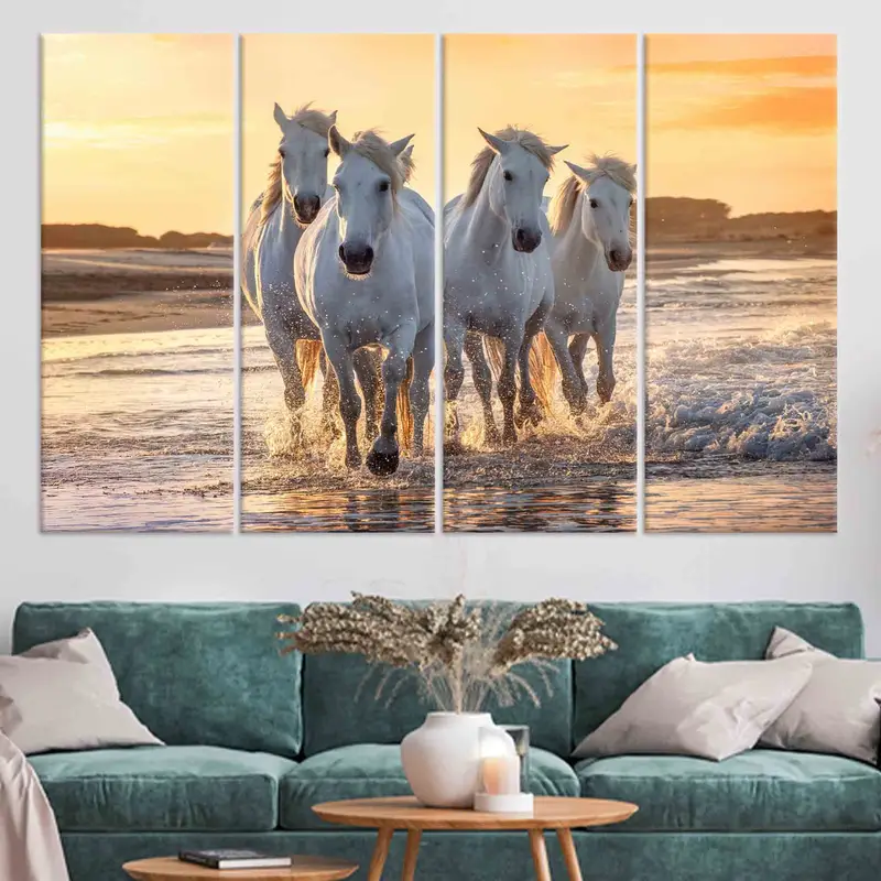 Decoración costera, caballos en la playa, cartel de caballos corriendo, regalo de amantes de los caballos, lienzo de paisaje marino, decoración del hogar, arte de pared de lona personalizado, - 3