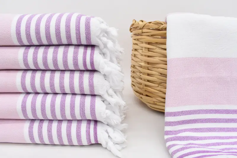Handmade Monogram Beach Towel, Organic Cotton, Pink-Damson Stripe, 67x36 Inches