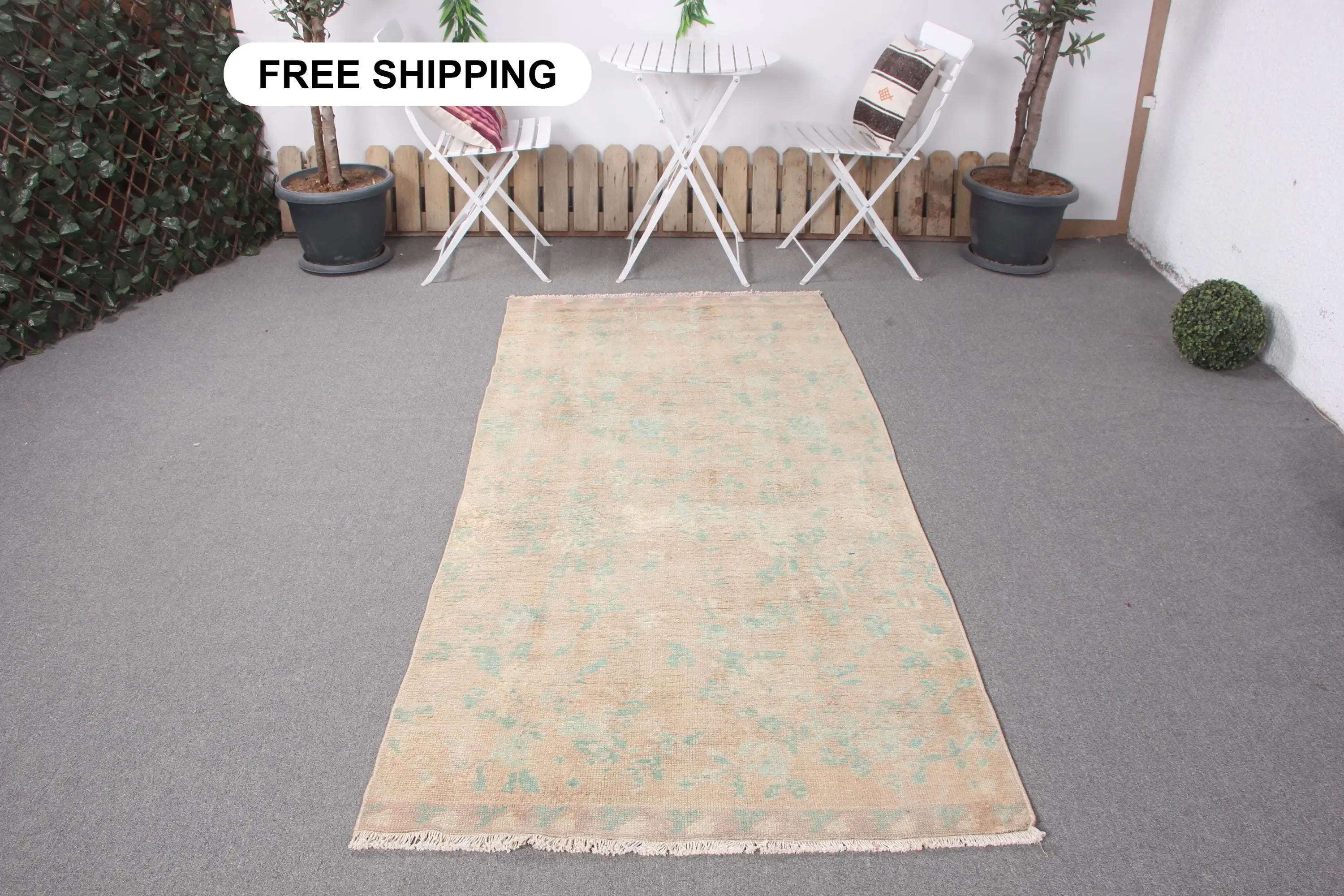 3.5x7.3 ft Turkish Area Rug, Vintage Brown Floral Rug - 1