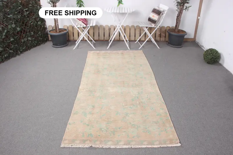 Zarif Bej ve Yeşil Halı, 3,5x7,3 ft Geometrik Çiçek