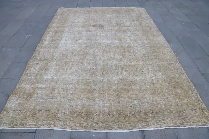 6,6x9,5 ft Oushak Teppich, türkischer Vintage Teppich, braun weiß gestreifter Teppich - 1