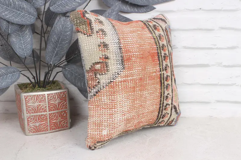 Kilim Cushion Sham, 12x12 Orange Cushion, Pillow, Vintage Pillow, Chair Pillow, Antique Pillows, Personalized Gift Pillow Cushion Cover - 4