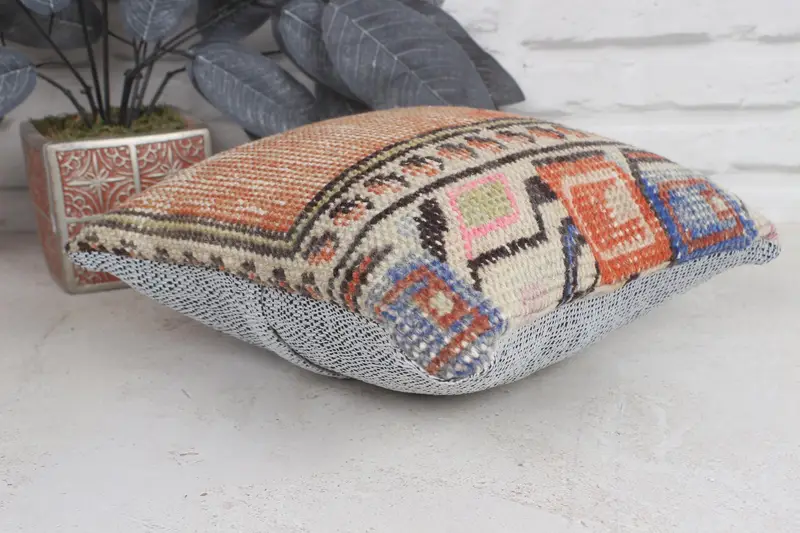Kilim Cushion Sham, 12x12 Orange Cushion, Pillow, Vintage Pillow, Chair Pillow, Antique Pillows, Personalized Gift Pillow Cushion Cover - 6