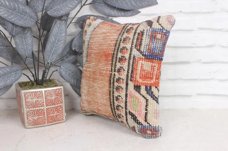 Kilim Cushion Sham, 12x12 Orange Cushion, Pillow, Vintage Pillow, Chair Pillow, Antique Pillows, Personalized Gift Pillow Cushion Cover - 3