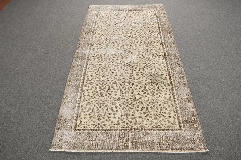 Vintage Rug, 3.4x6.7 ft Turkish Rug, Brown White Oriental Wool Rug - 1