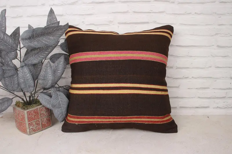 Vintage Kilim Throw Pillow, 20x20 Brown Cushion Case, Handmade Kilim Cushion, Handwoven Pillow Sham, Boho Pillow, Cushion Cover - 1